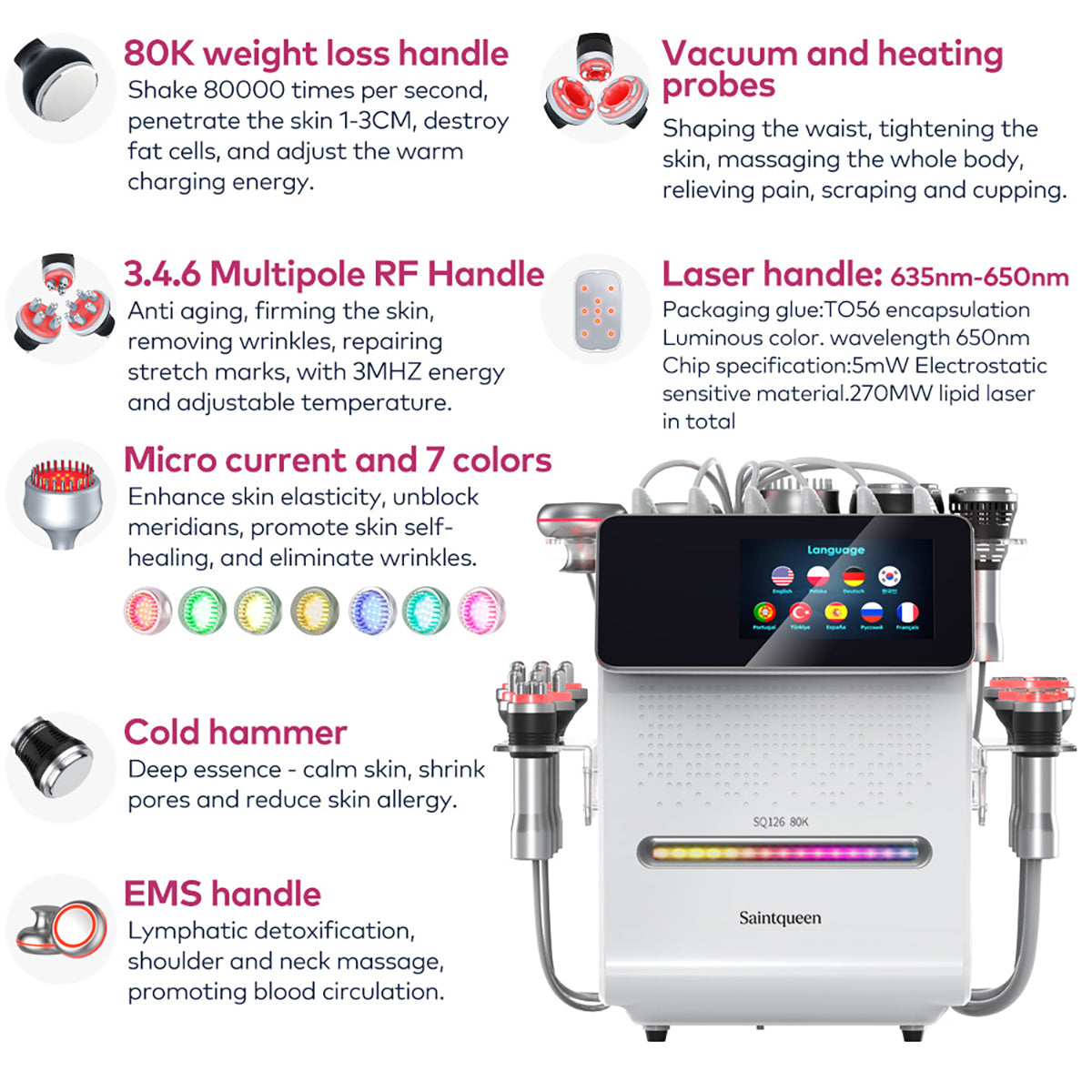 Máy cavitation siêu âm 80K & RF SQ126A Max 11 trong 1 với tấm laser