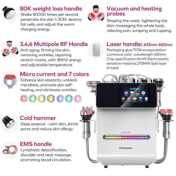 Máy cavitation siêu âm 80K & RF SQ126A Max 11 trong 1 với tấm laser