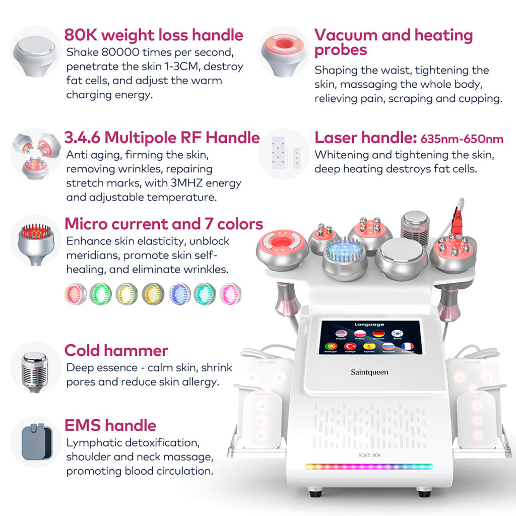 Máy cavitation siêu âm 80K & RF SQ85D Plus 9 trong 1 với tấm laser