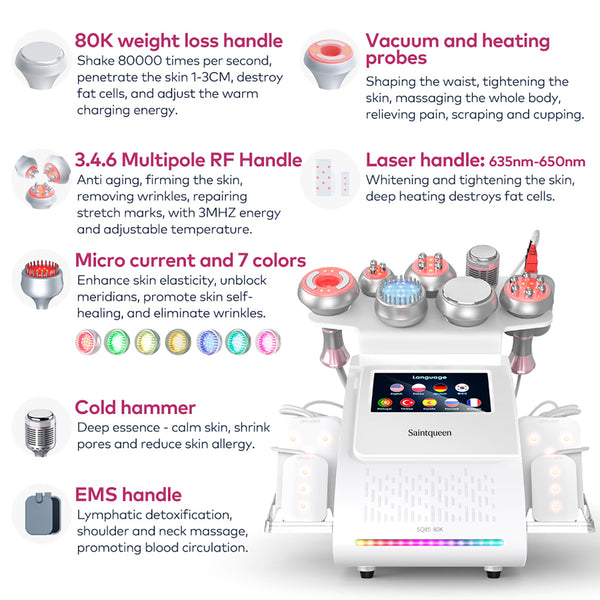 Máy cavitation siêu âm 80K & RF SQ85D Plus 9 trong 1 với tấm laser
