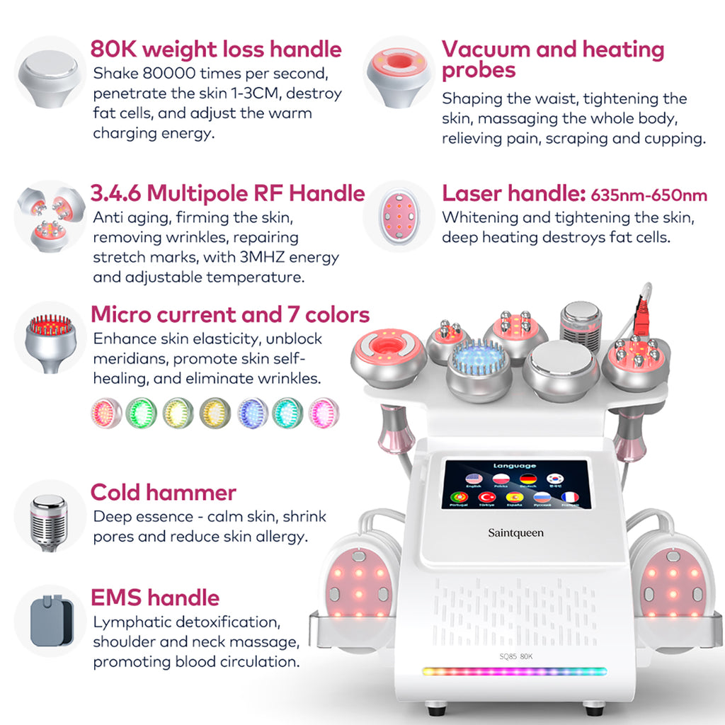 Máy cavitation siêu âm 80K & RF SQ85E Plus 9 trong 1 với tấm laser + vi dòng
