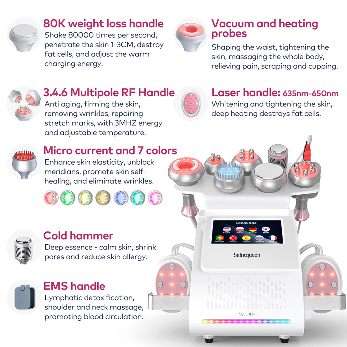 Máy cavitation siêu âm 80K & RF SQ85E Plus 9 trong 1 với tấm laser + vi dòng