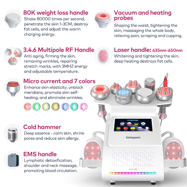 Máy cavitation siêu âm 80K & RF SQ85E Plus 9 trong 1 với tấm laser + vi dòng