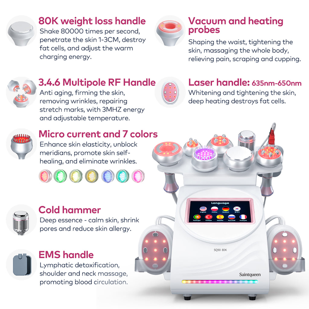 Máy cavitation siêu âm 80K & RF SQ90E Plus 9 trong 1 với tấm laser + vi dòng
