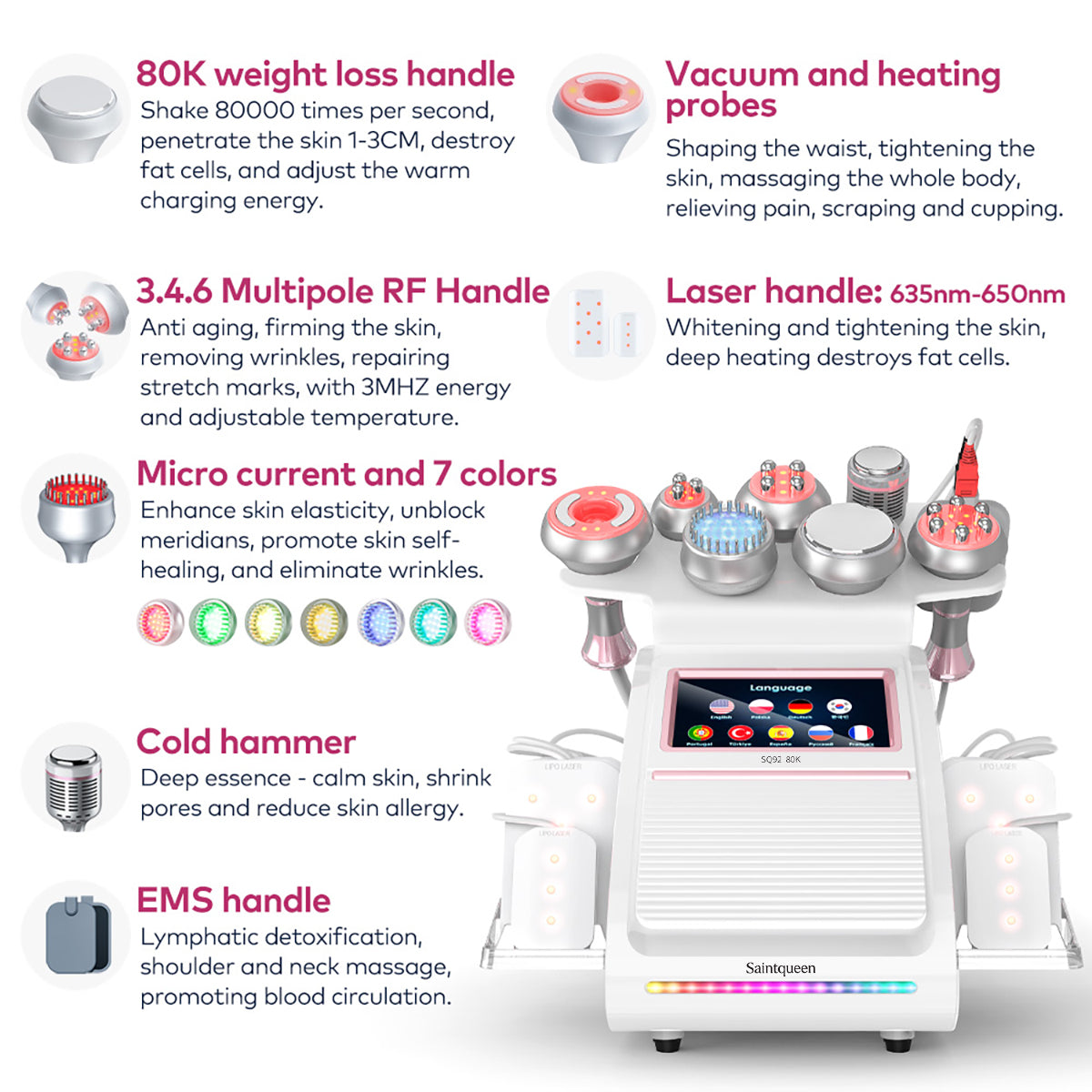 Máy cavitation siêu âm 80K & RF SQ92D Plus 9 trong 1 với tấm laser