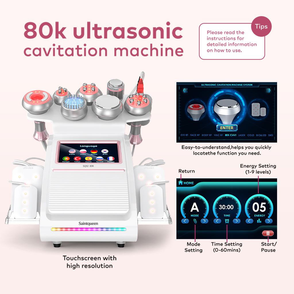 Máy cavitation siêu âm 80K & RF SQ92D Plus 9 trong 1 với tấm laser