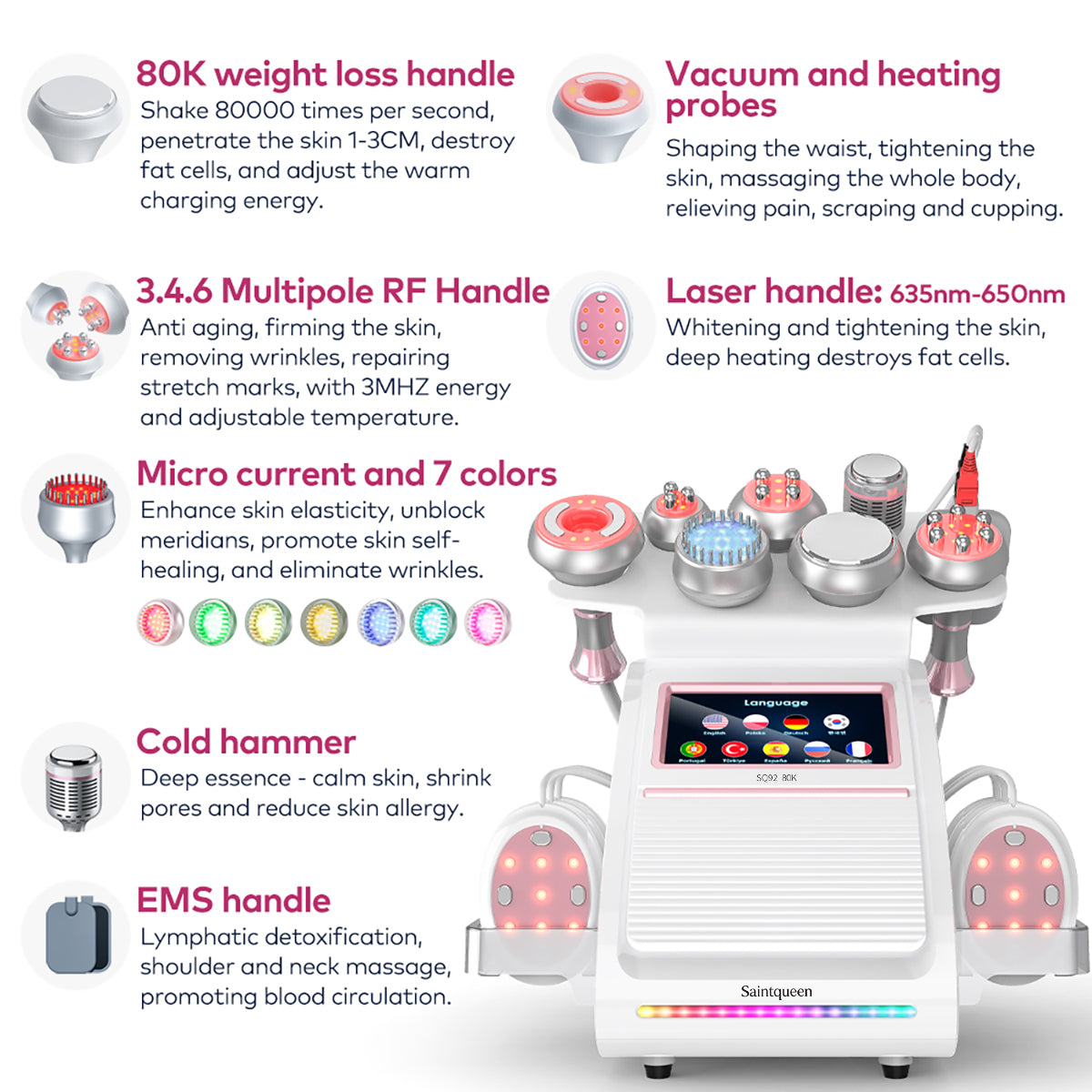 Máy cavitation siêu âm 80K & RF SQ92E Plus 9 trong 1 với tấm laser + vi dòng Hình sản phẩm phụ