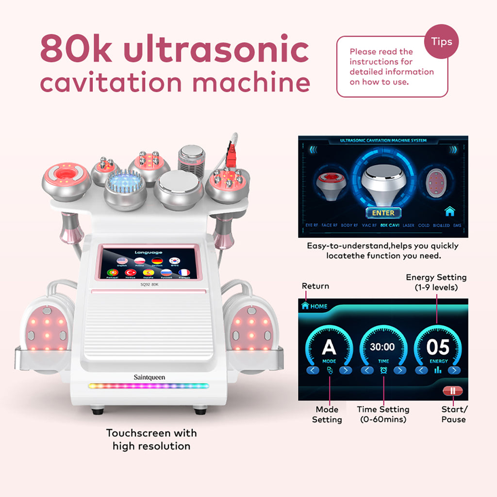 Máy cavitation siêu âm 80K & RF SQ92E Plus 9 trong 1 với tấm laser + vi dòng