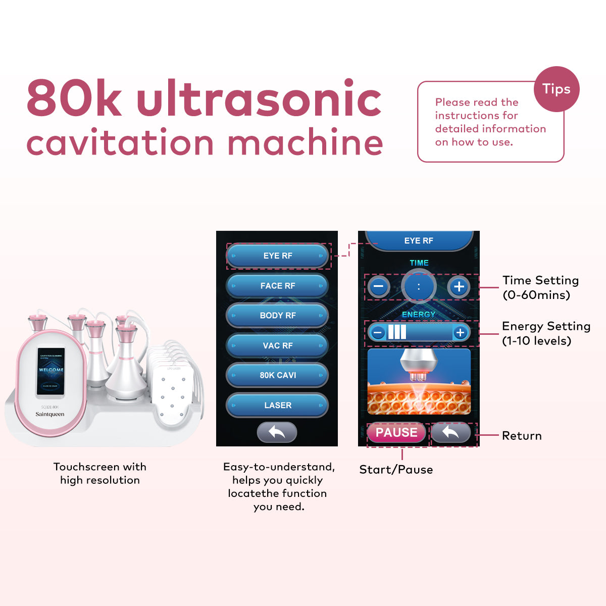 Máy cavitation 80K SQ121A Pro 6 trong 1 với RF đa cực, RF chân không & tấm laser