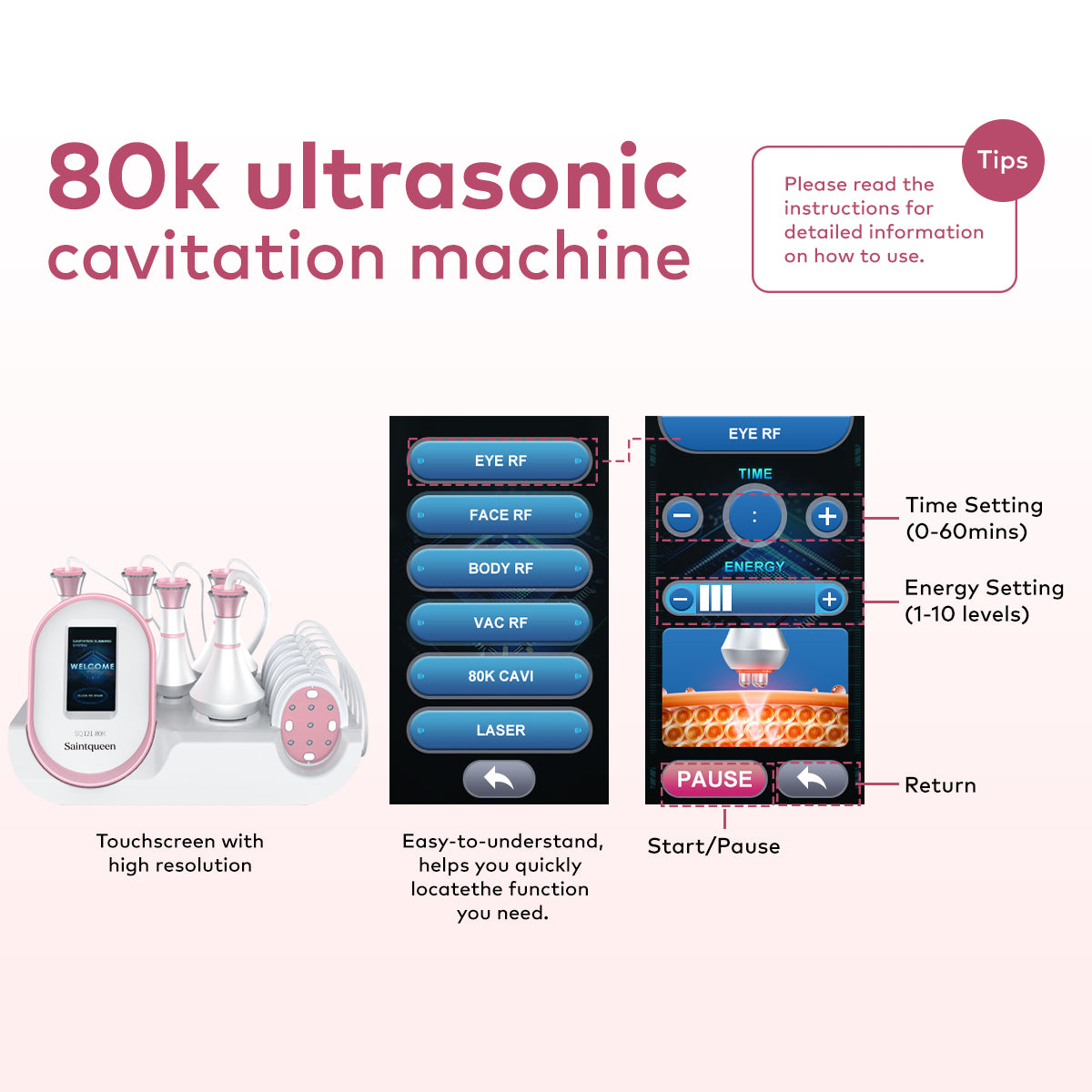 Máy cavitation 80K SQ121B Pro 6 trong 1 với RF, tấm laser/EMS vi dòng & massage chân không