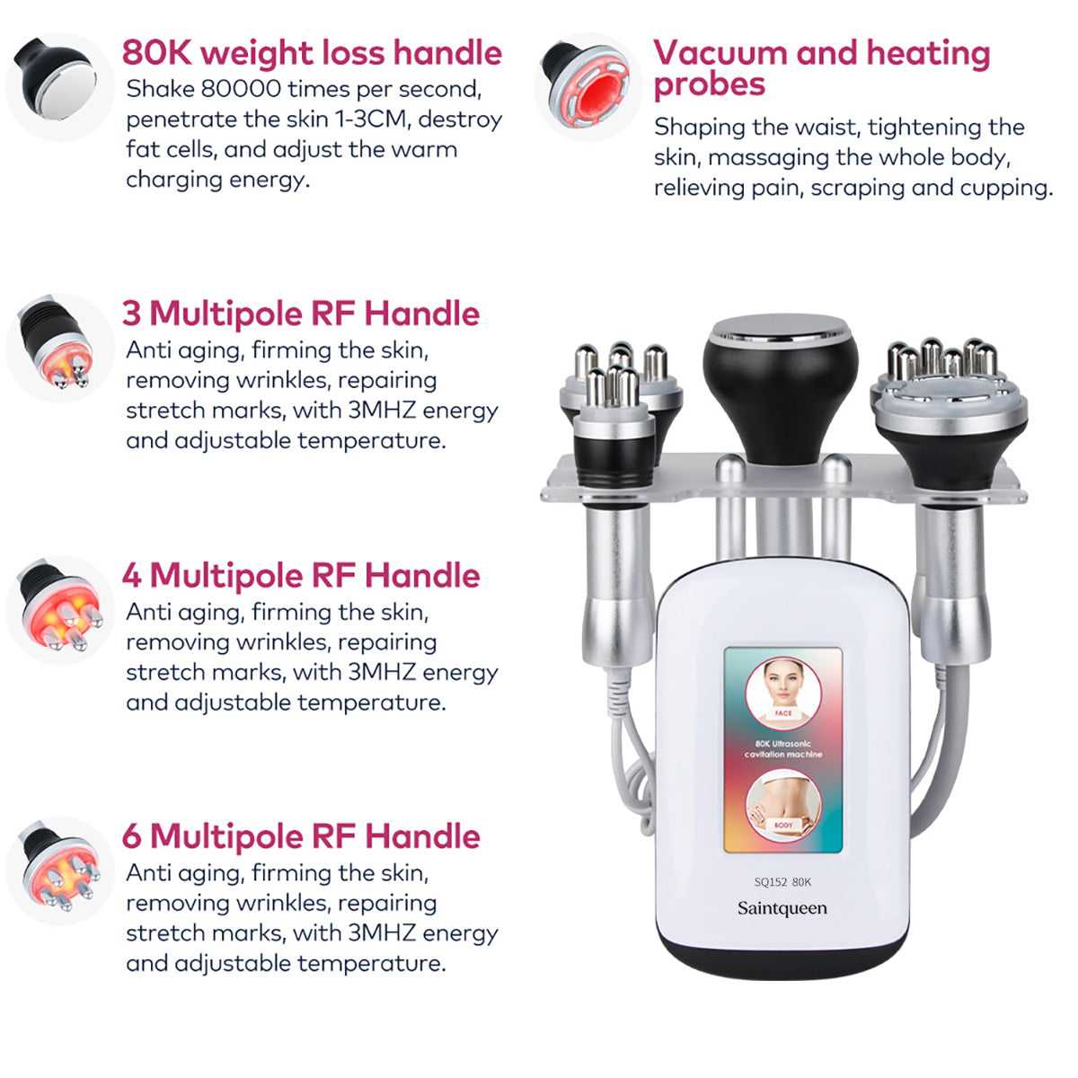 Máy cavitation siêu âm 80K SQ152 Pro 5 trong 1 với RF đa cực cho mặt & cơ thể