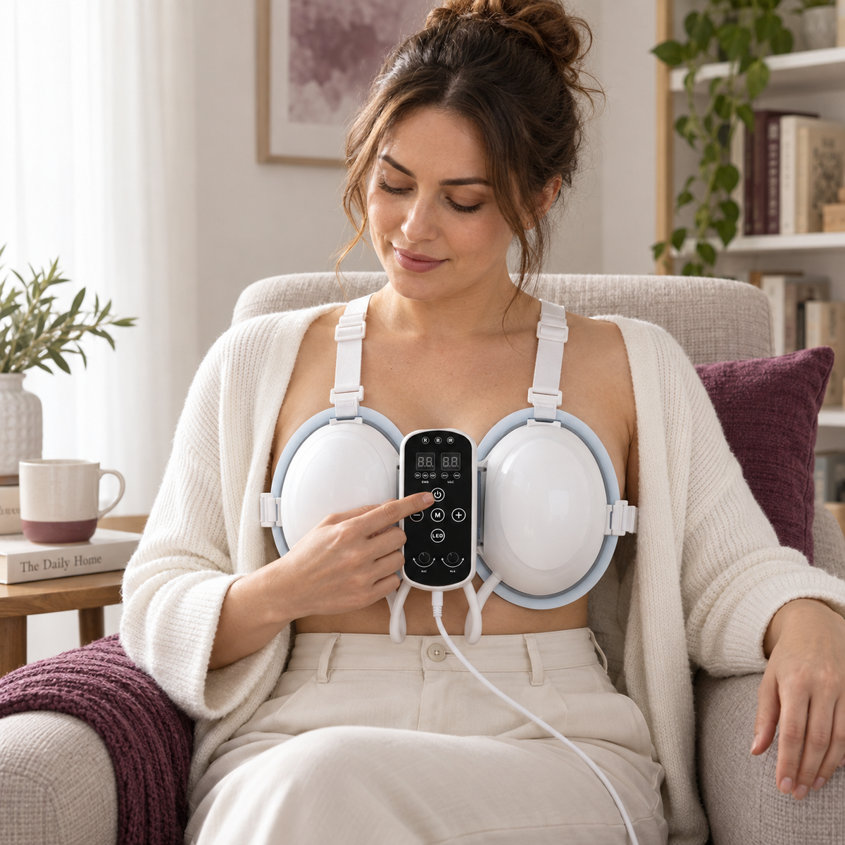 Đeo thiết bị chăm sóc ngực SQ141 khi đã kết nối dây nguồn