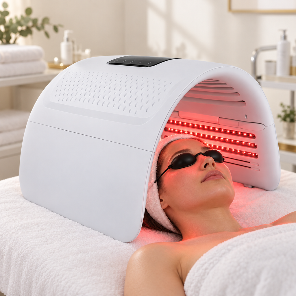 SQ7 mở hoàn toàn trên giường salon trong buổi chiếu ánh sáng đỏ có đeo kính bảo hộ