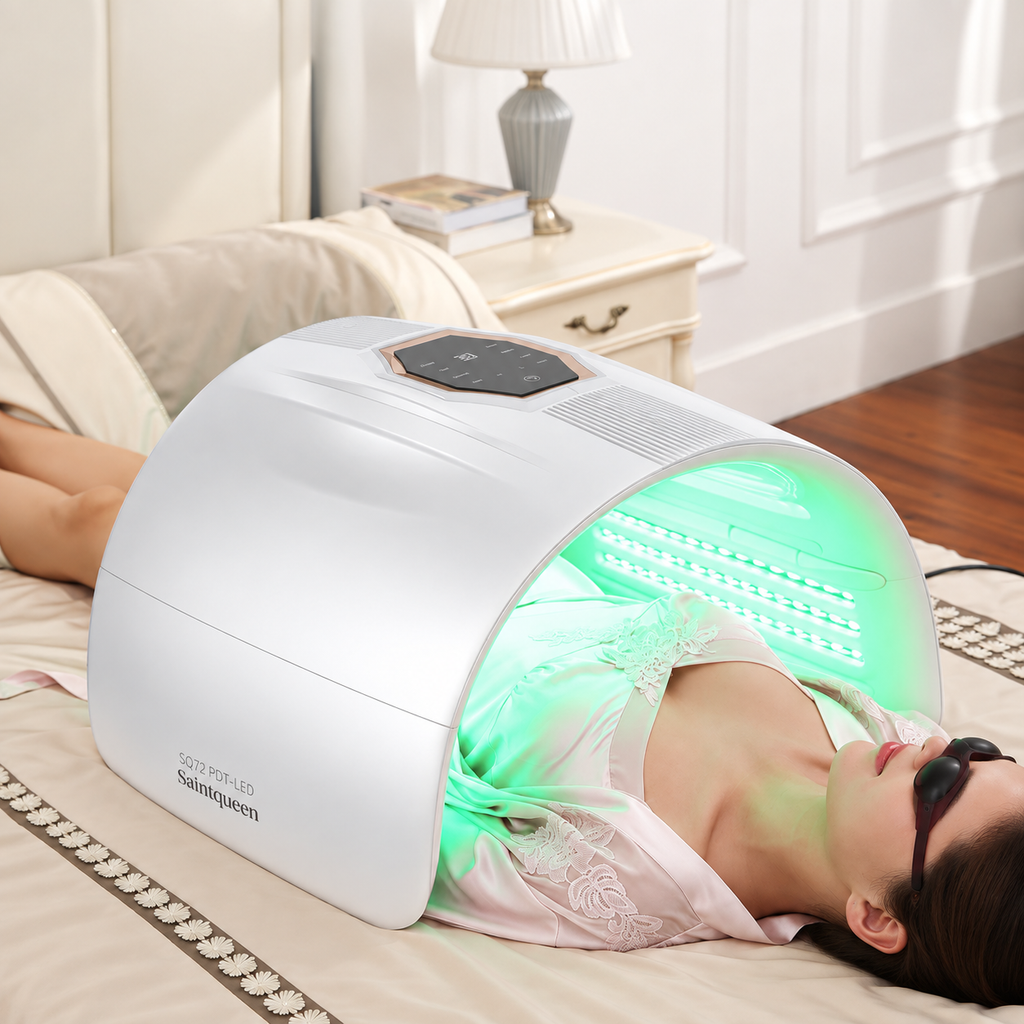 SQ72 mở hoàn toàn trong buổi chăm sóc da bằng ánh sáng xanh lá có đeo kính bảo hộ